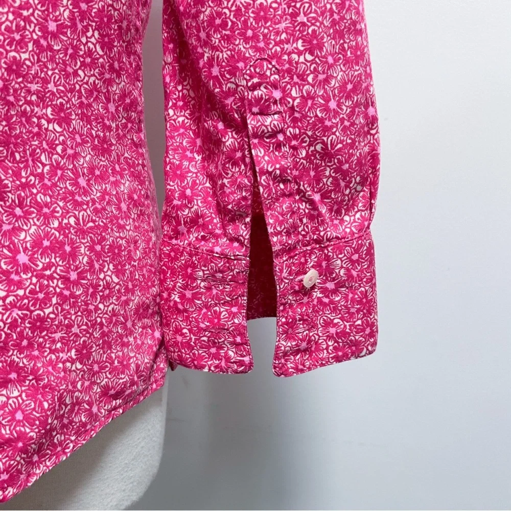Lilly Pulitzer Pink Ivory Floral High V Neck Collar Button Up 3/4 Sleeve Blouse